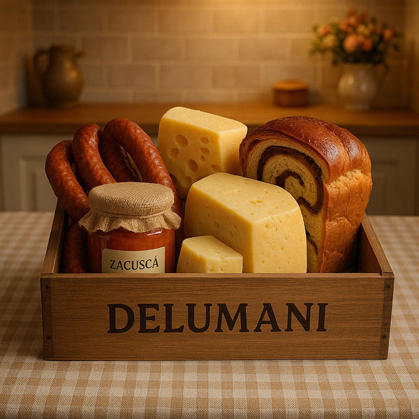 Produse tradiționale românești într-o cutie rustică, cu eticheta DELUMANI, așezate pe o masă de bucătărie primitoare.